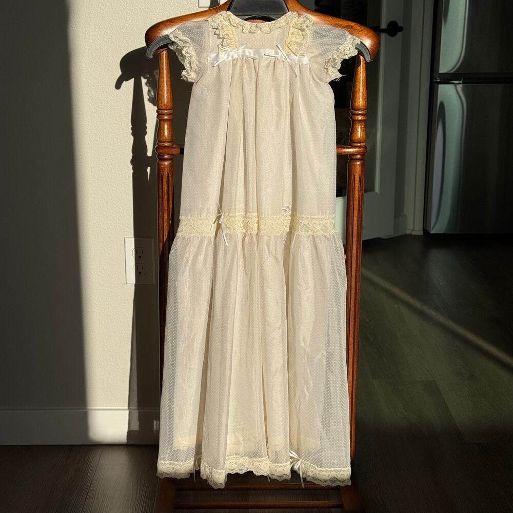 Vintage Handmade Heirloom Christening Baptism Gown Ivory Lace Swiss Dot Dress 36